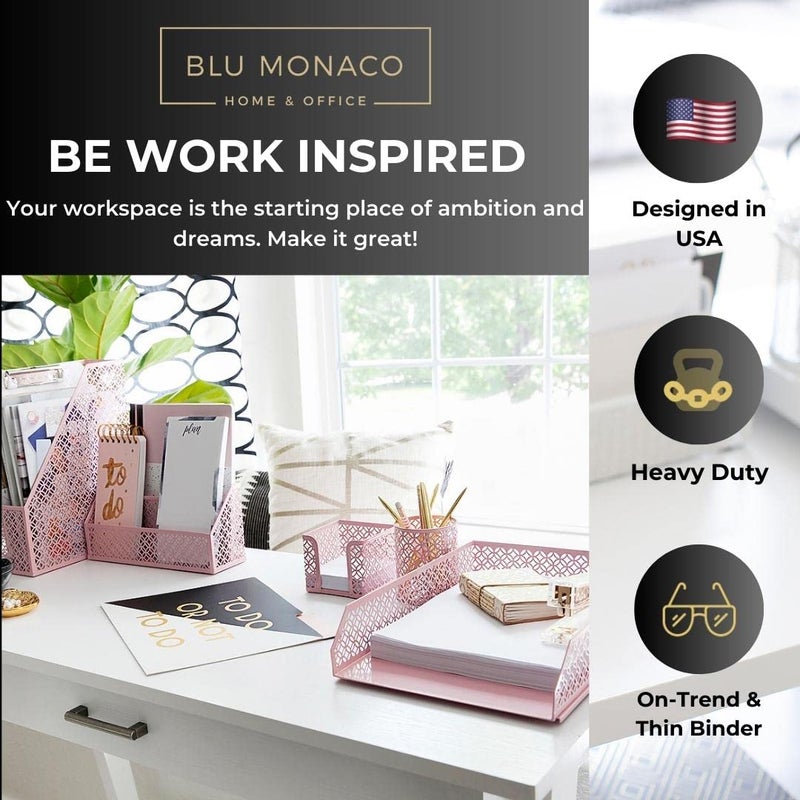 BLU MONACO Pink Desk Organizer Set for Desk Accessories -Mail Sorter  Sticky Note Holder  Pen Cup  Magazine Holder  Letter Tray  and business card holder-Pink Office Decor - Image 2
